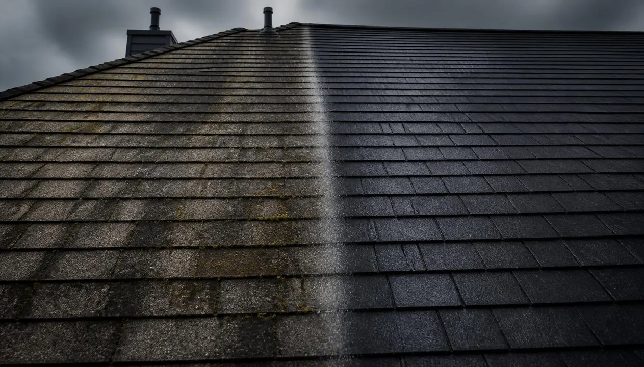 Weathered roof next to a protected roof